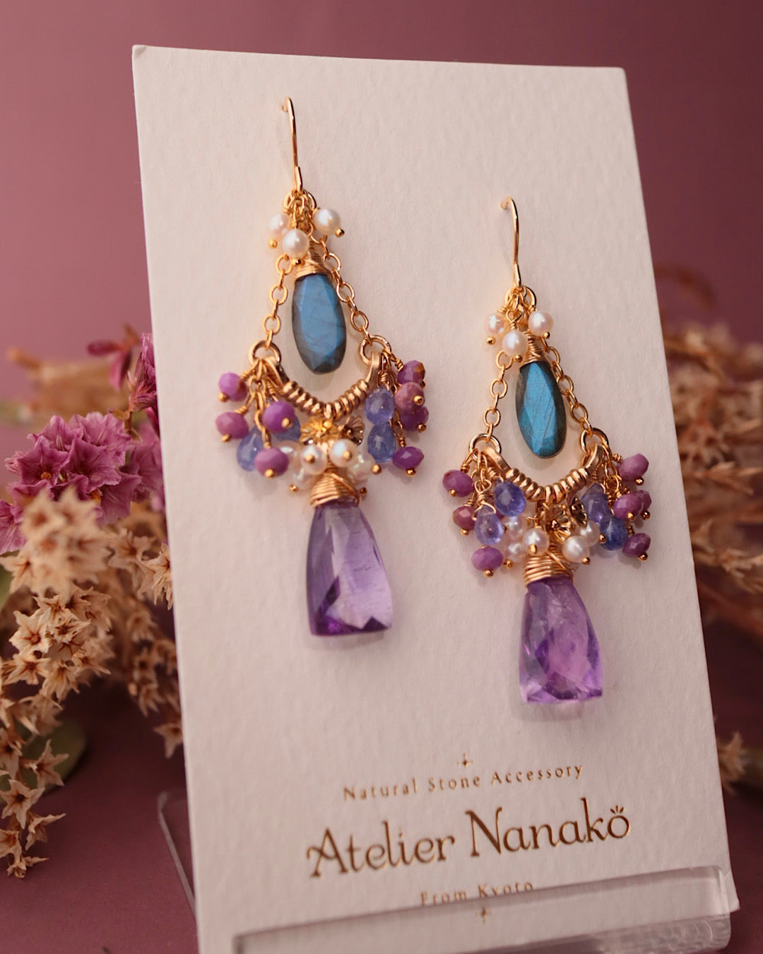 [One-of-a-kind] Moss Amethyst Triangle Chandelier Earrings