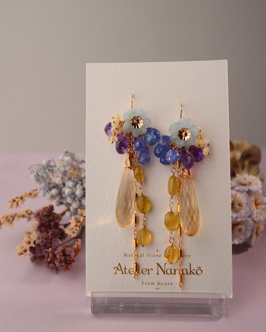 Citrine and Aquamarine Flower Earrings [One-of-a-kind]