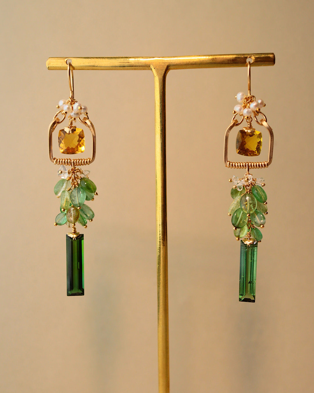 Square Yellow Tourmaline and Green Tourmaline Chandelier Earrings with Pearl