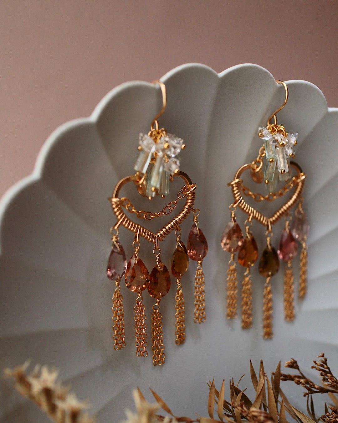 [One of a kind] Brown tourmaline heart chandelier earrings