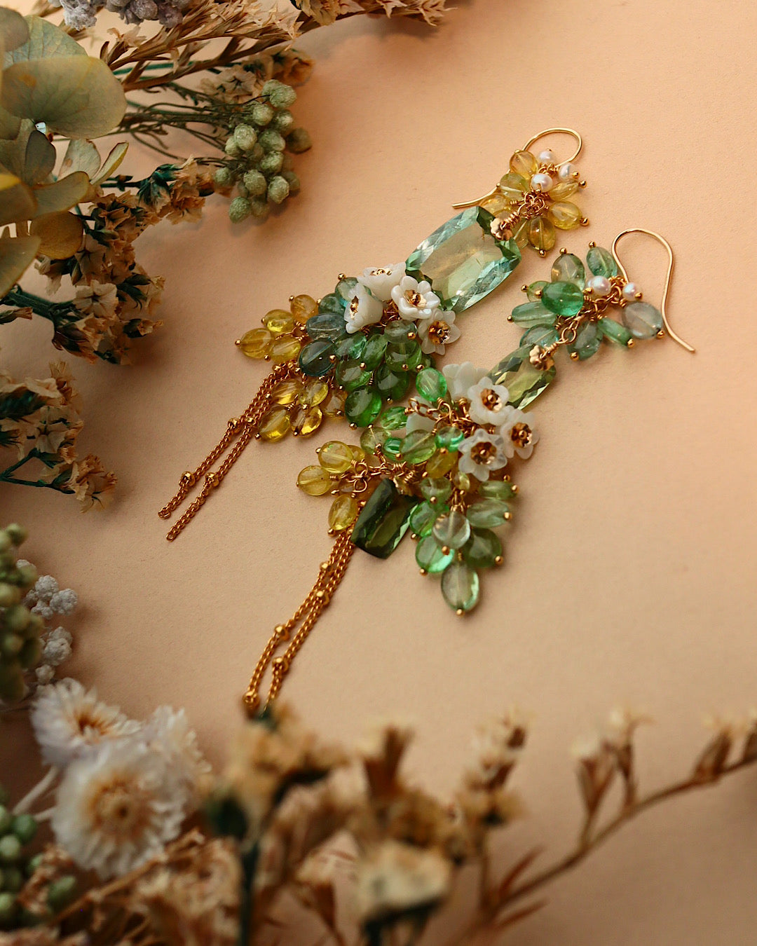 Green Tourmaline Asymmetrical Chandelier Earrings with Multi-Color Tourmaline and Pearl Flower
