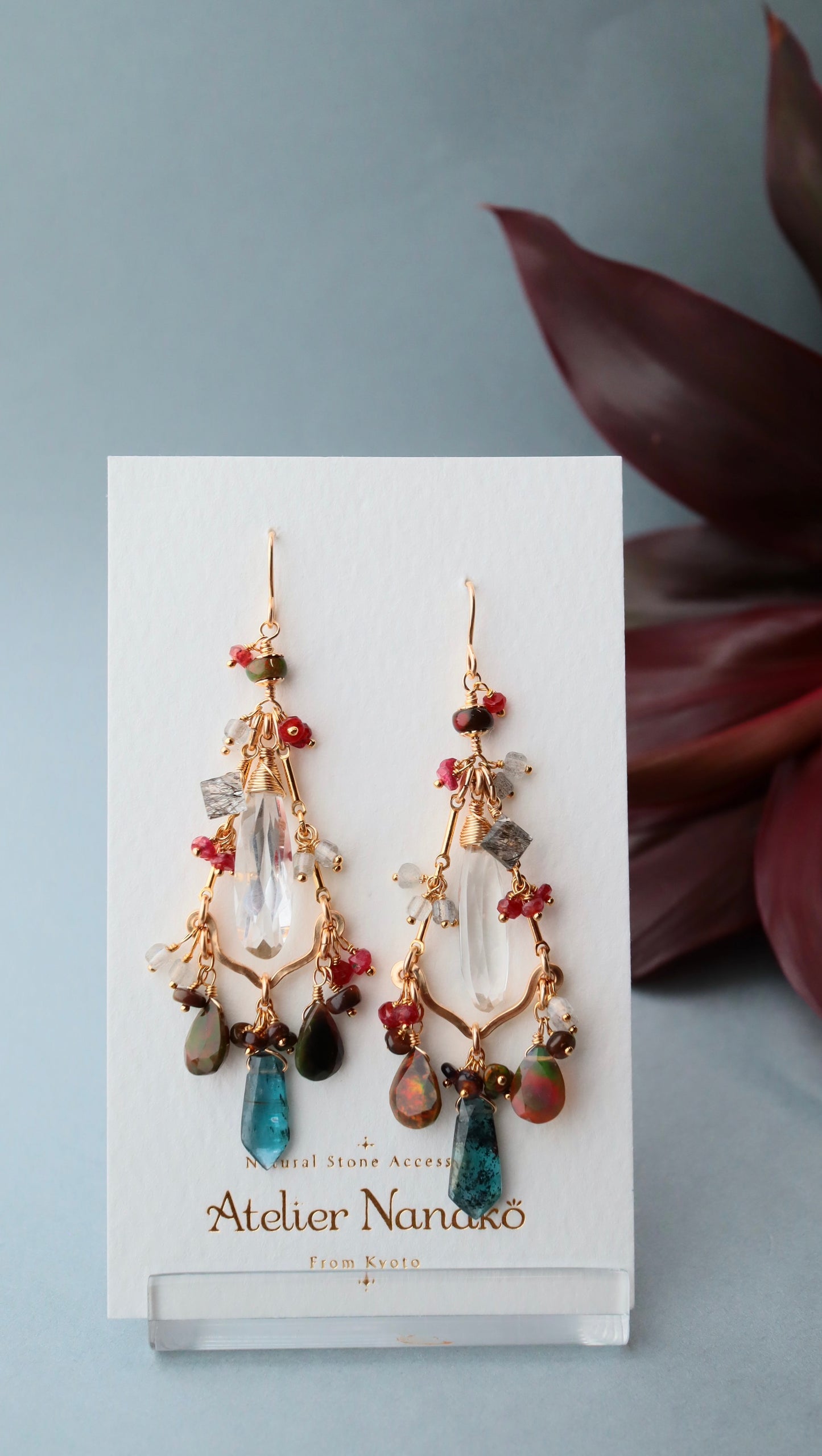 (One of a kind: glittering opal)[The Lady with the Black Eyepatch] Black opal and deep blue kyanite chandelier earrings