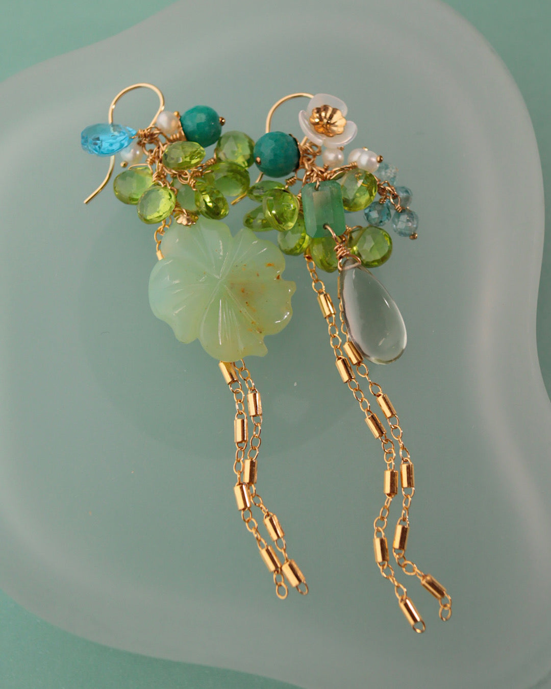 Blue Opal Flower and Peridot Asymmetric Earrings [One-of-a-kind]