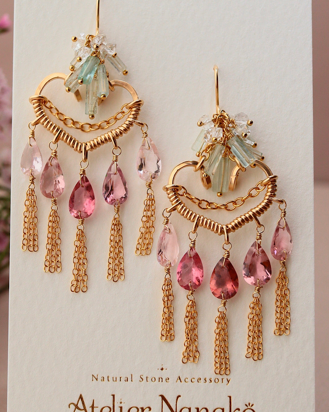 [One of a kind] Pink tourmaline heart chandelier earrings