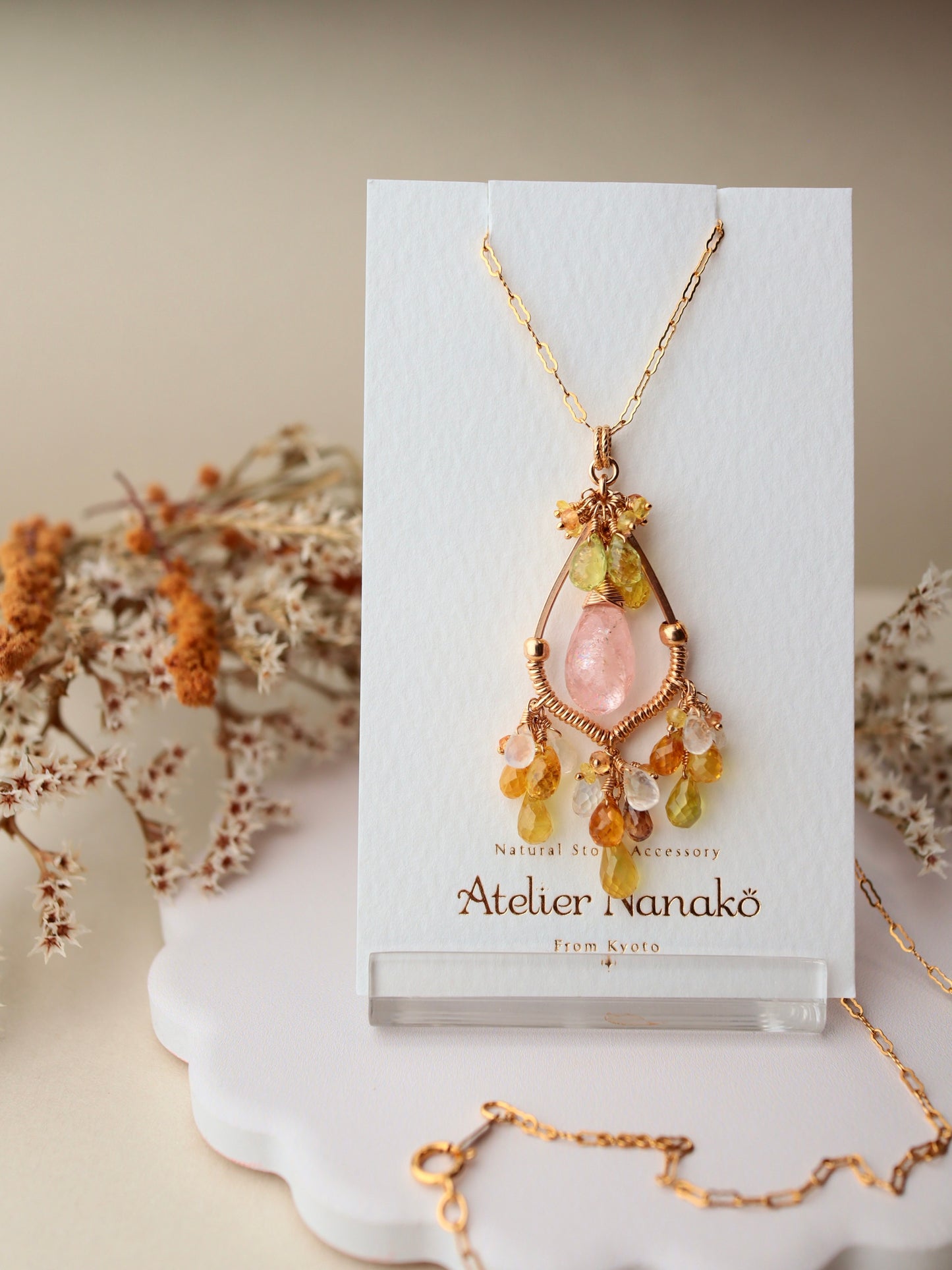 ①Morganite chandelier necklace