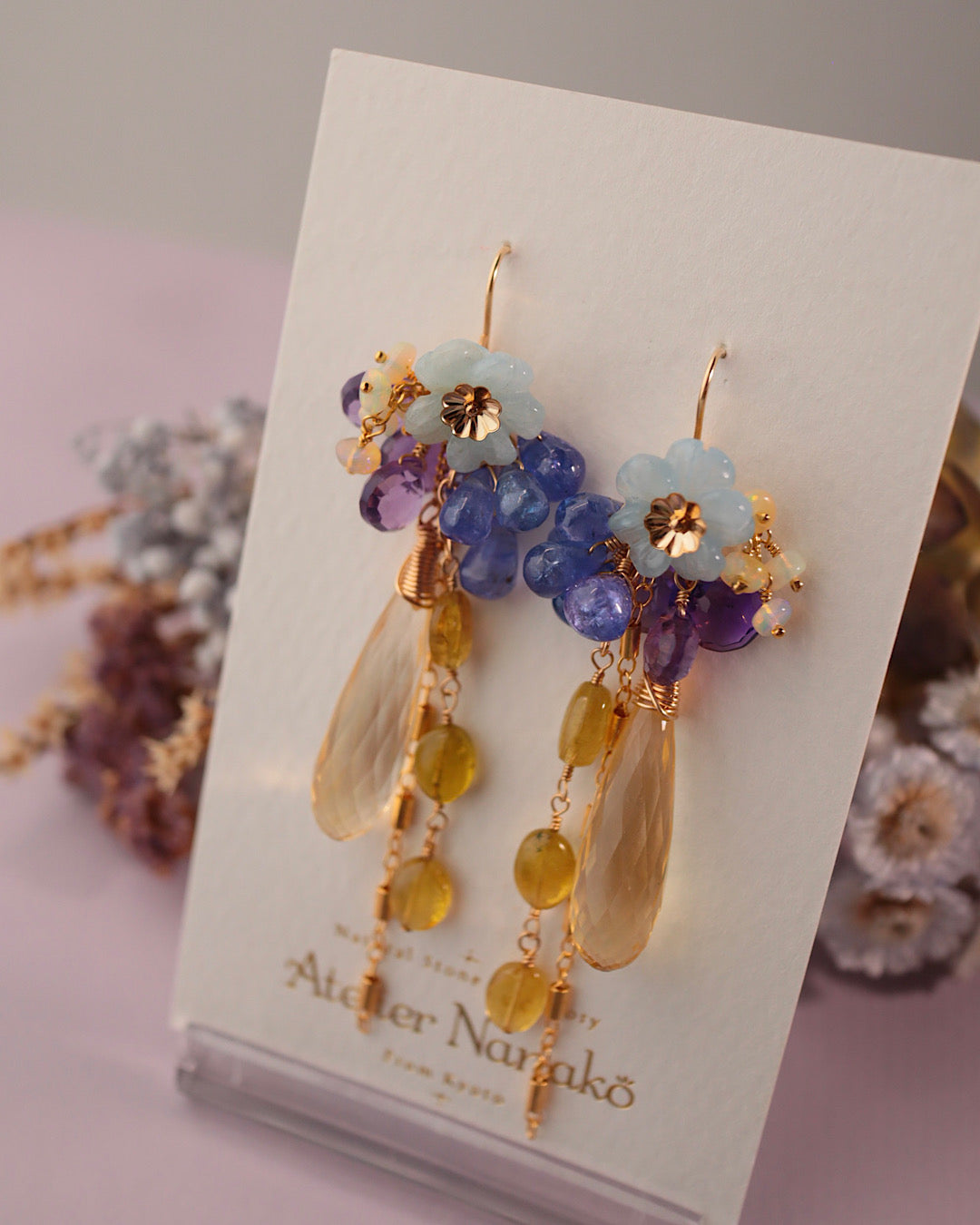Citrine and Aquamarine Flower Earrings [One-of-a-kind]