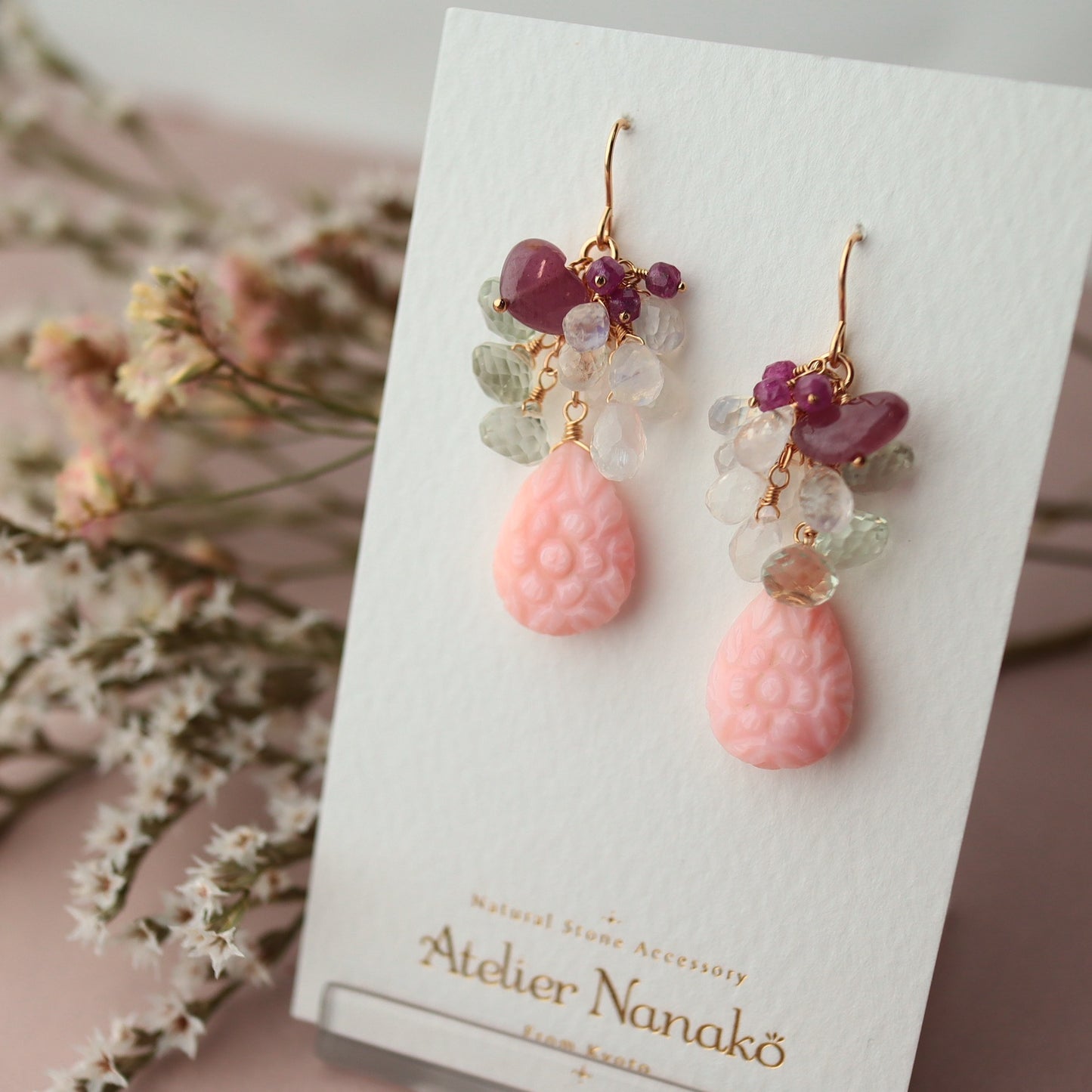 Pink opal and heart-shaped pink sapphire earrings