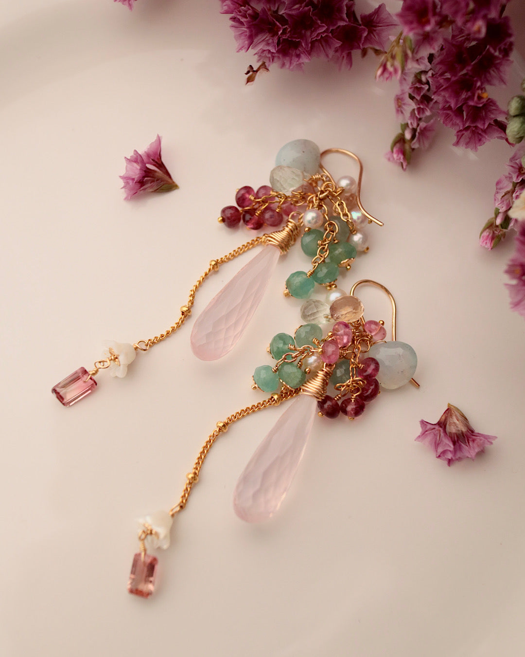 [One-of-a-kind] Pink tourmaline and rose quartz earrings