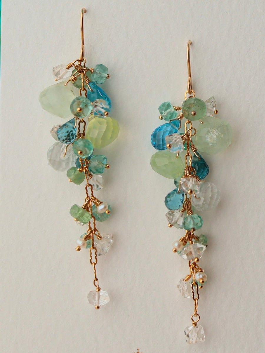[Long] Swiss blue topaz and prehnite earrings