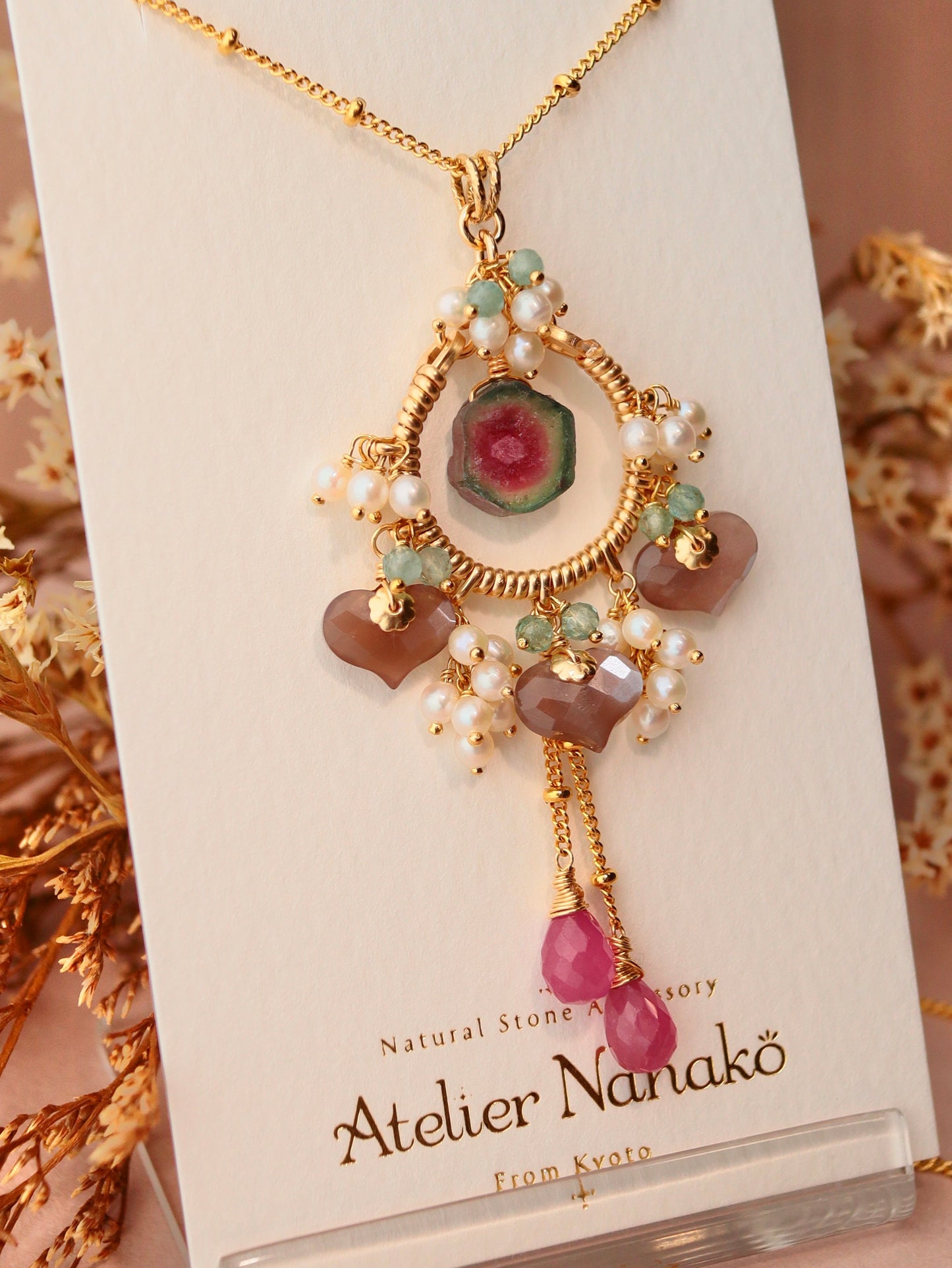 [One of a kind] Watermelon tourmaline and chocolate moonstone necklace