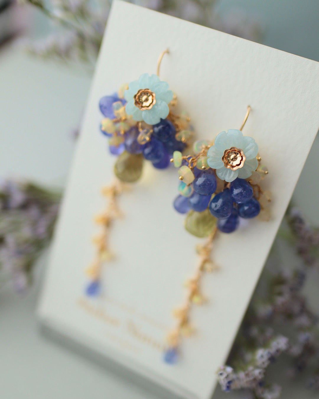 【Aqua Bloom】Aquamarine flower and tanzanite earrings