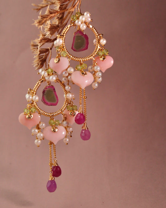 Watermelon Tourmaline and Heart-Shaped Pink Opal Earrings [One-of-a-kind]