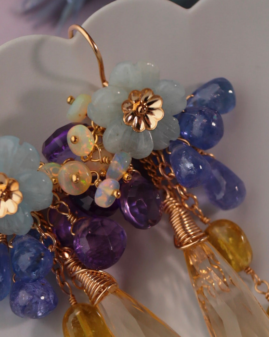 Citrine and Aquamarine Flower Earrings [One-of-a-kind]