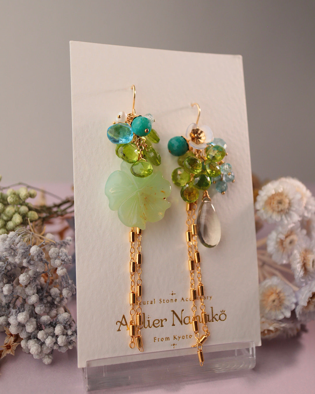Blue Opal Flower and Peridot Asymmetric Earrings [One-of-a-kind]