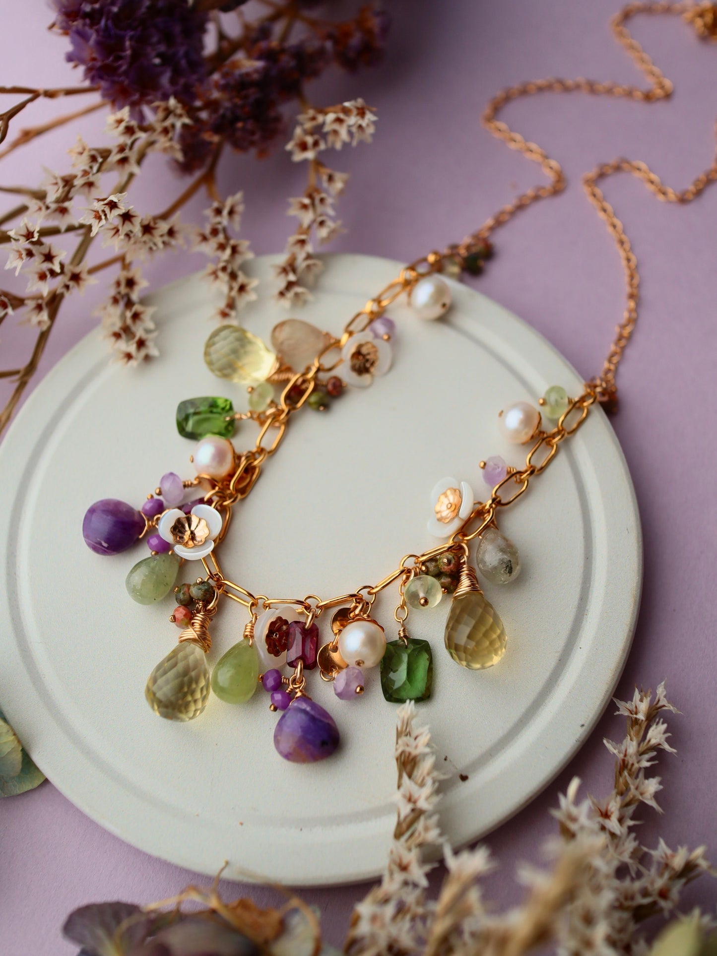 Lemon quartz exotic round necklace