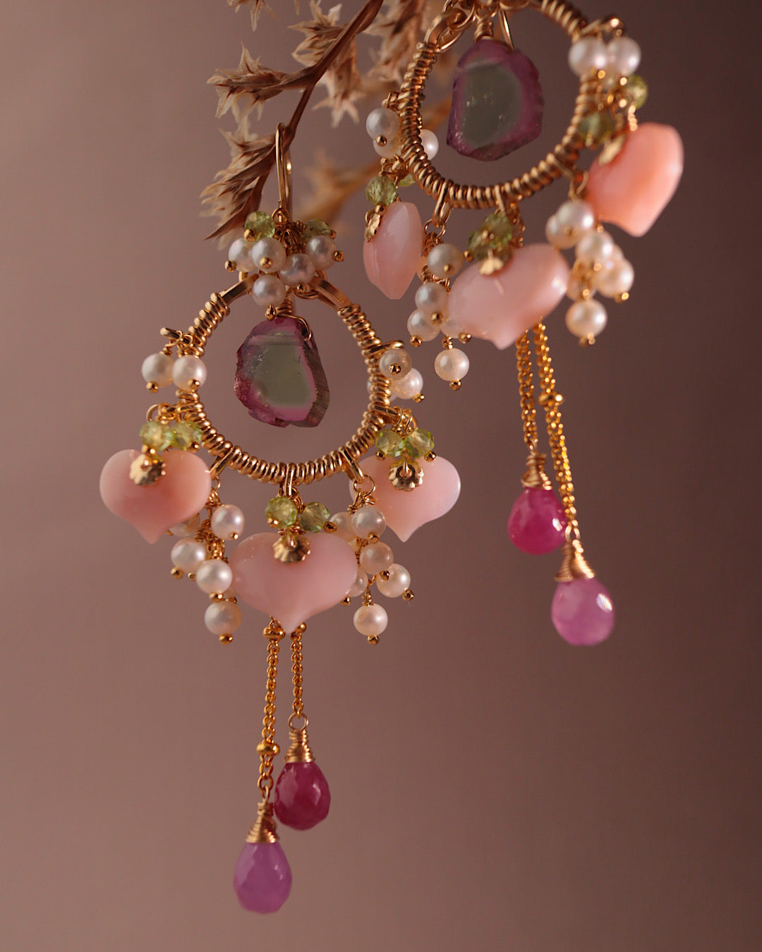 Watermelon Tourmaline and Heart-Shaped Pink Opal Earrings [One-of-a-kind]