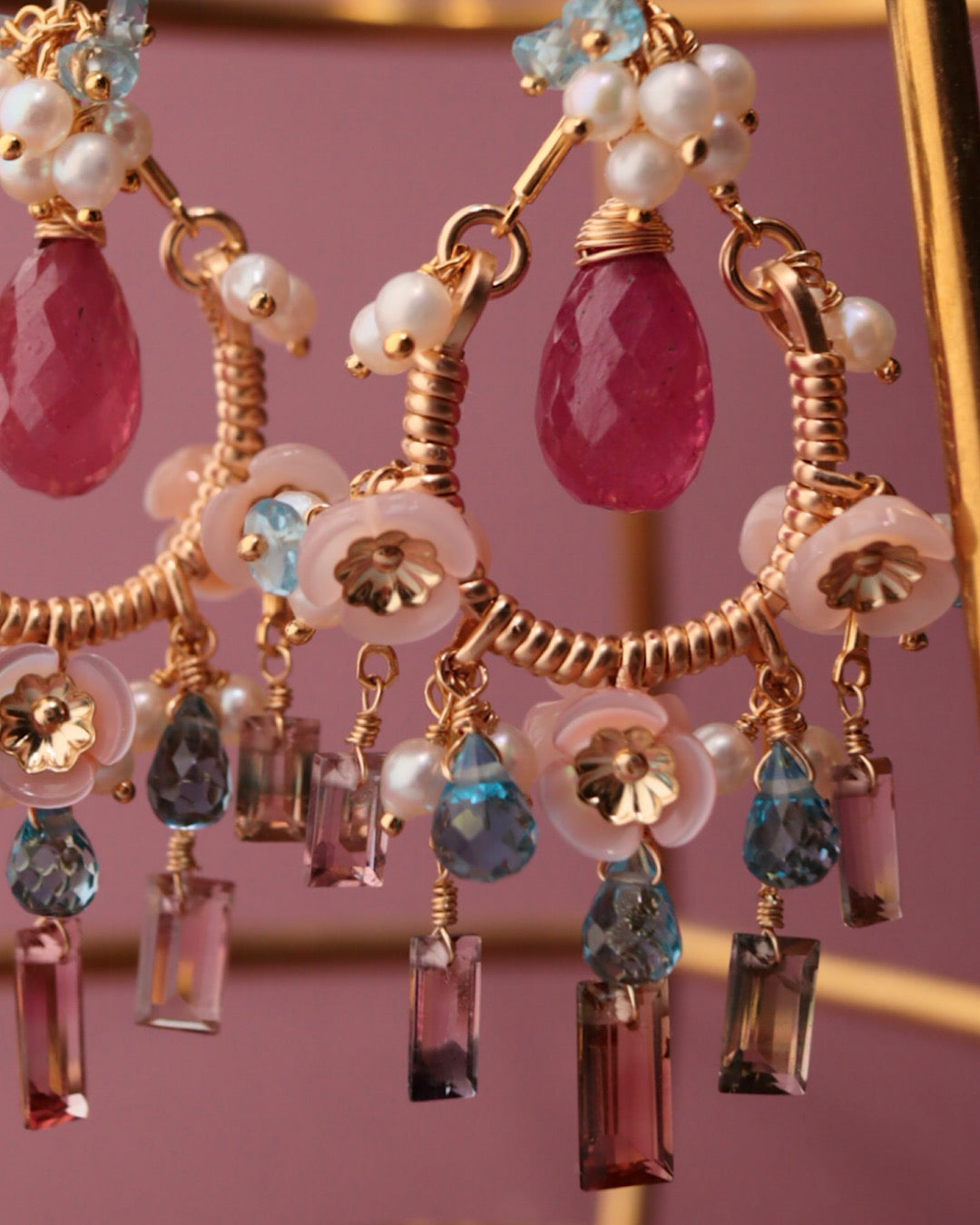 Pink sapphire and bicolor tourmaline chandelier earrings