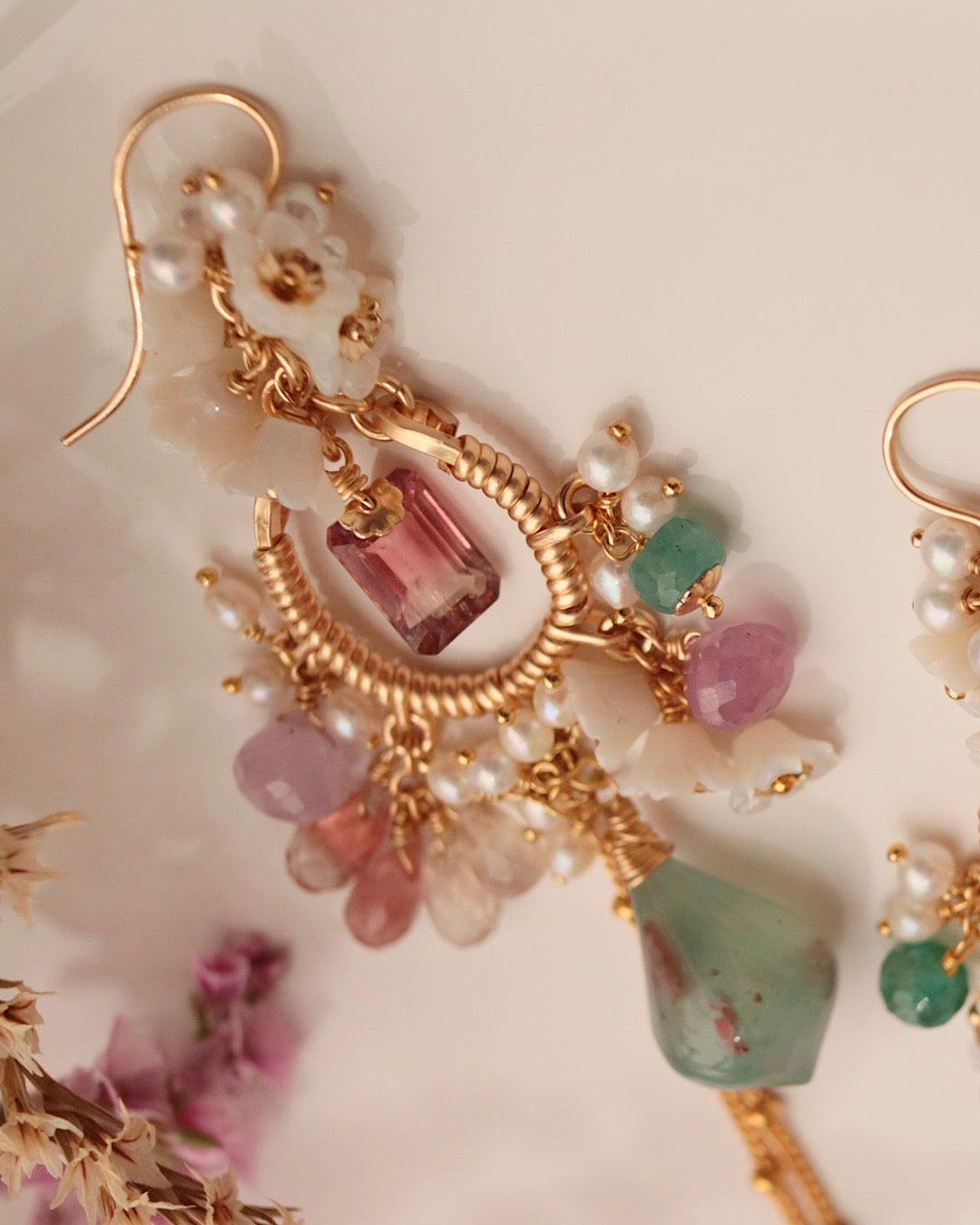 [One-of-a-kind] Tourmaline and Aquaprase Chandelier Earrings