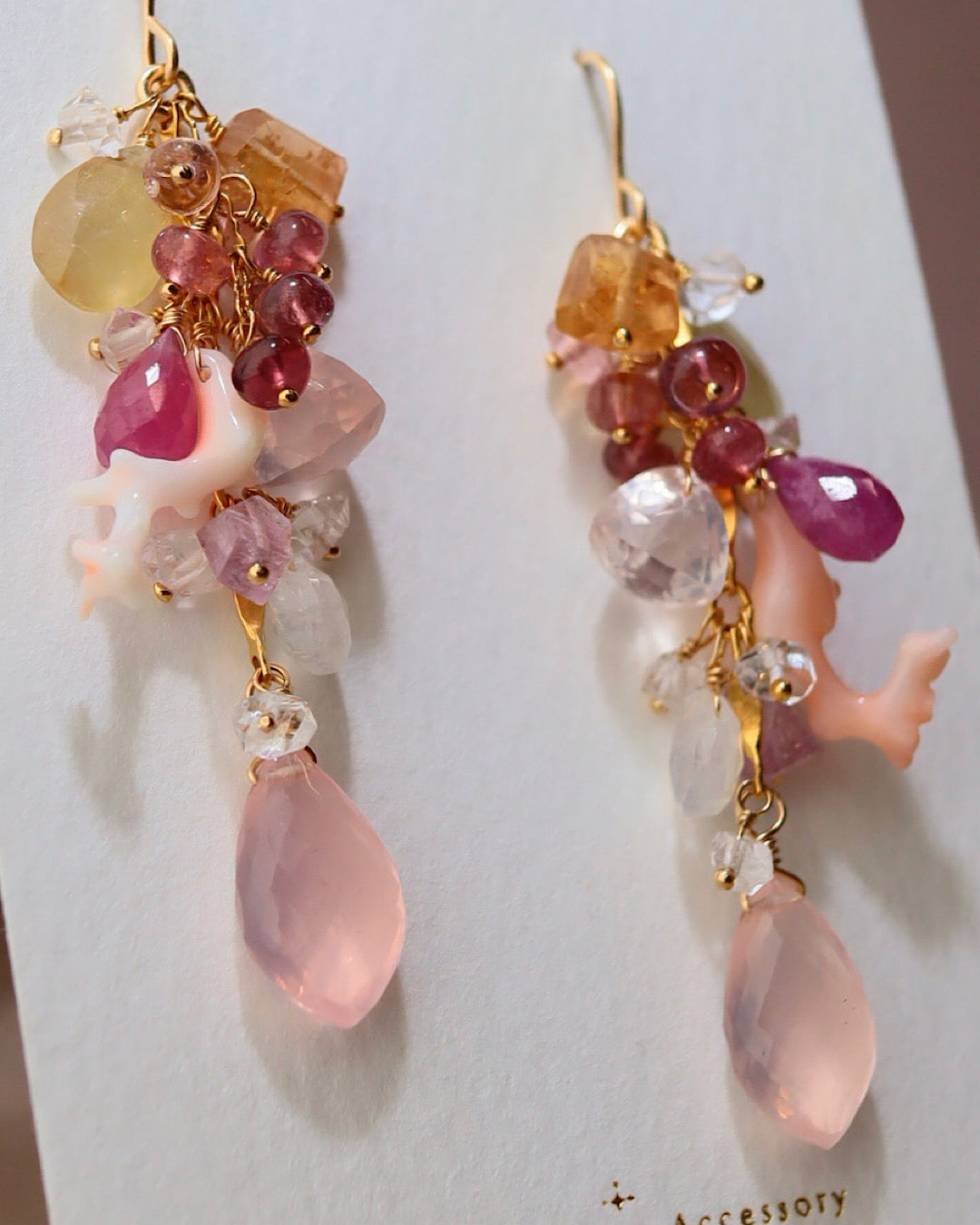 Coral and pink stone long earrings