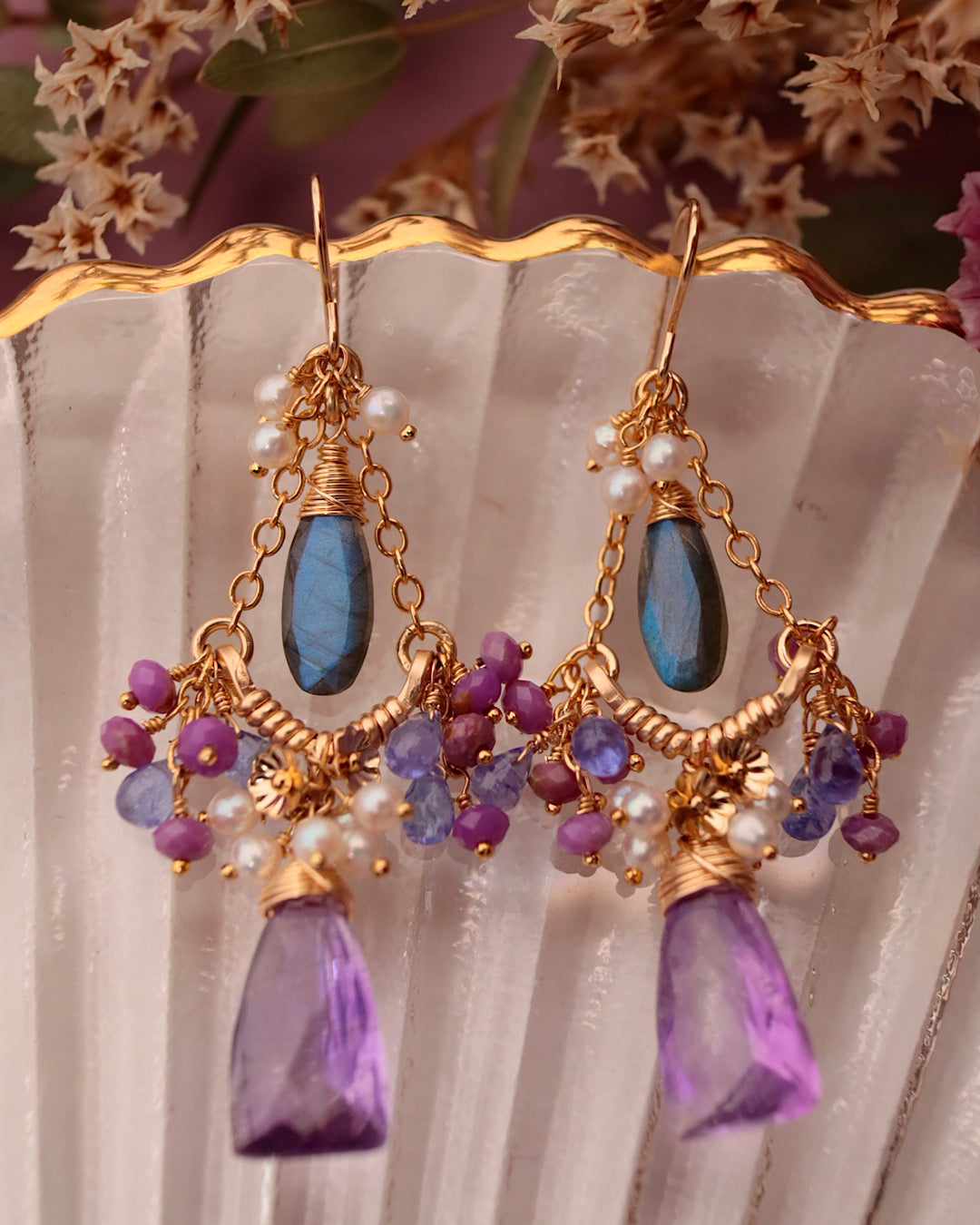 [One-of-a-kind] Moss Amethyst Triangle Chandelier Earrings