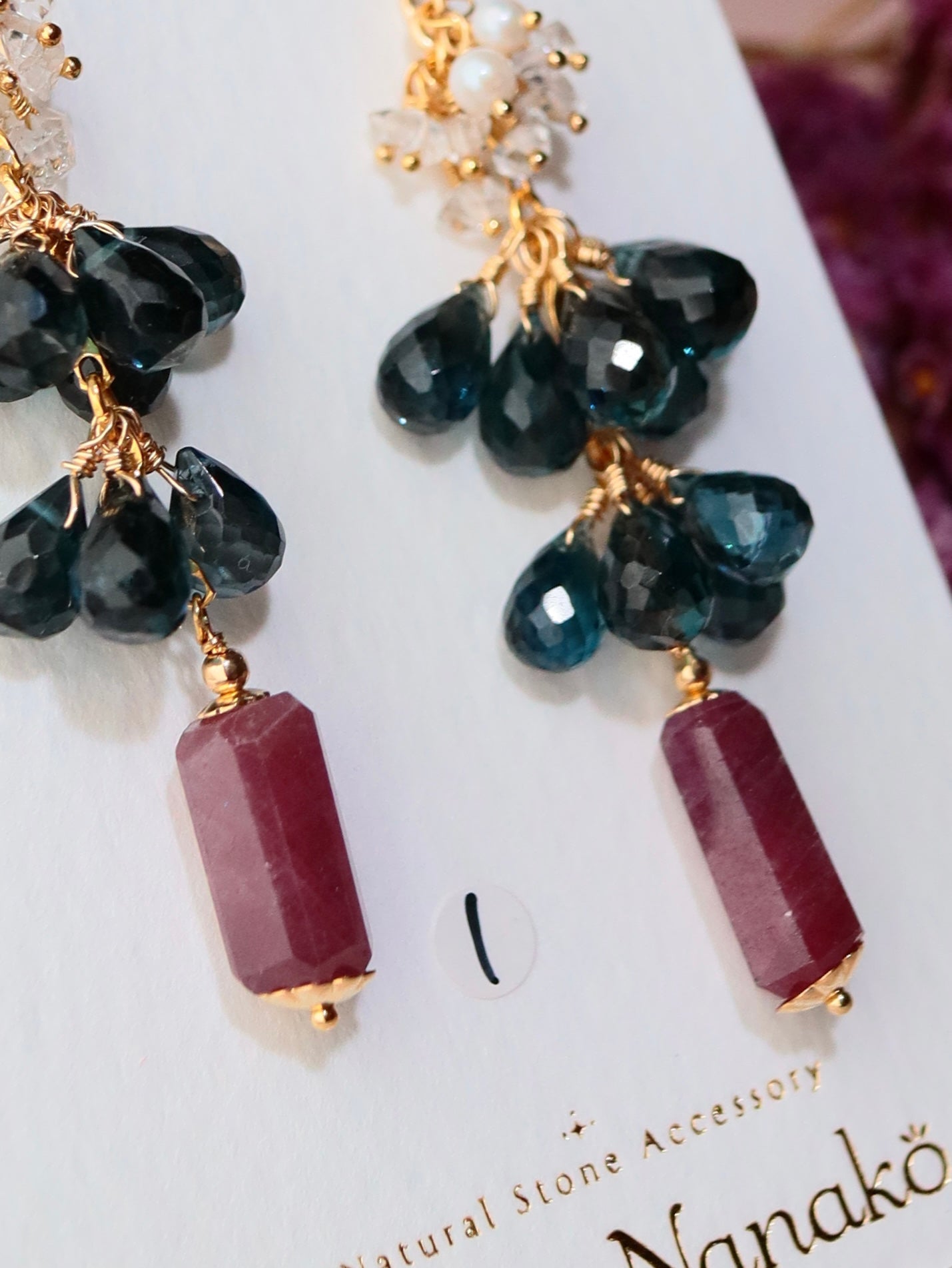 [Stories in Red] Ruby and London Blue Topaz Long Earrings①
