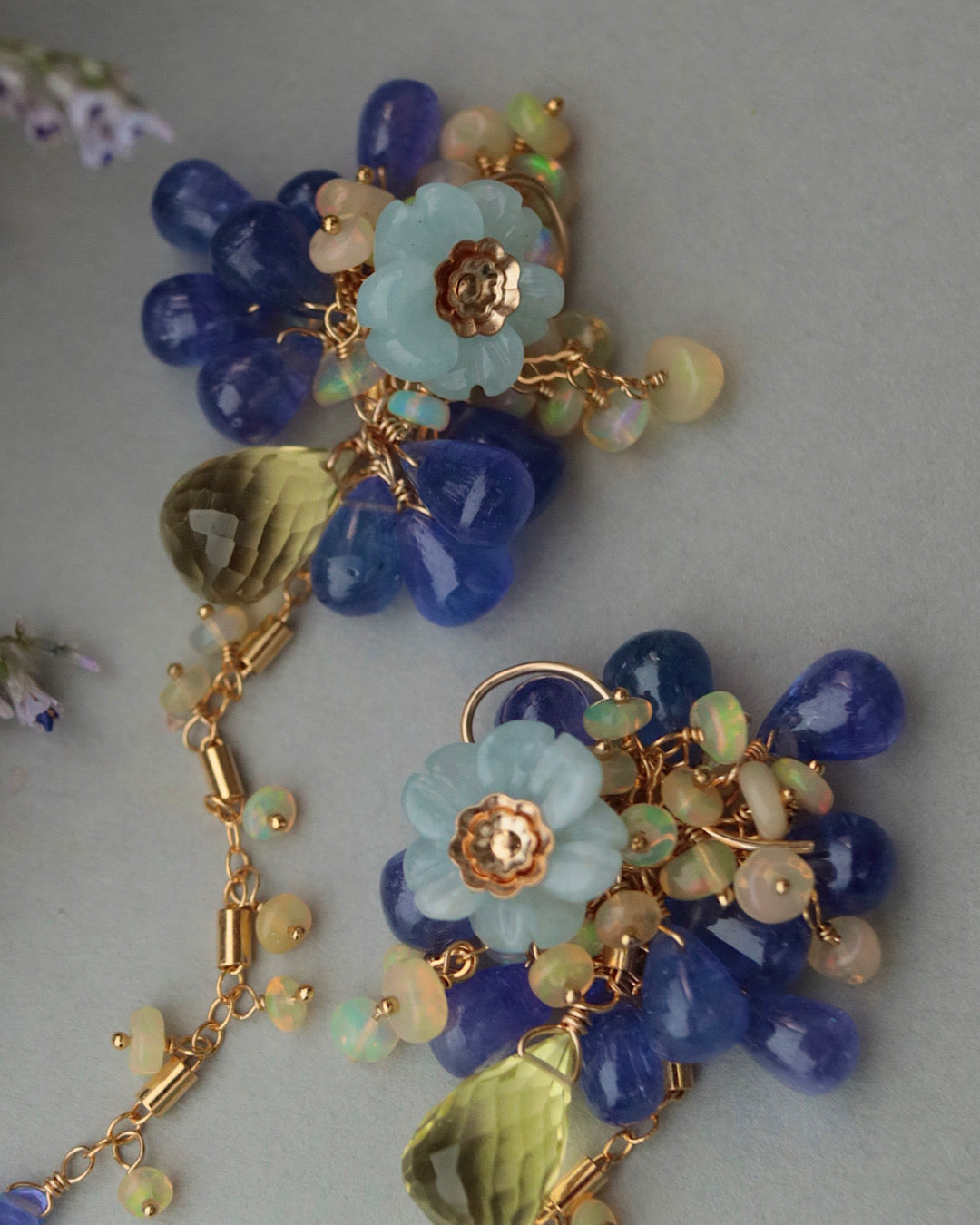 【Aqua Bloom】Aquamarine flower and tanzanite earrings