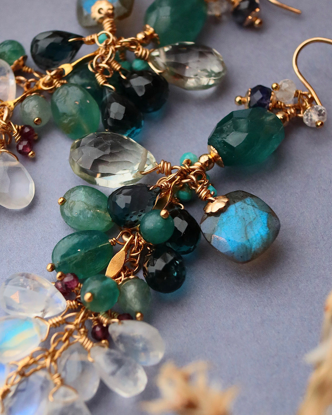 Grandidierite and London Blue Topaz Long Earrings
