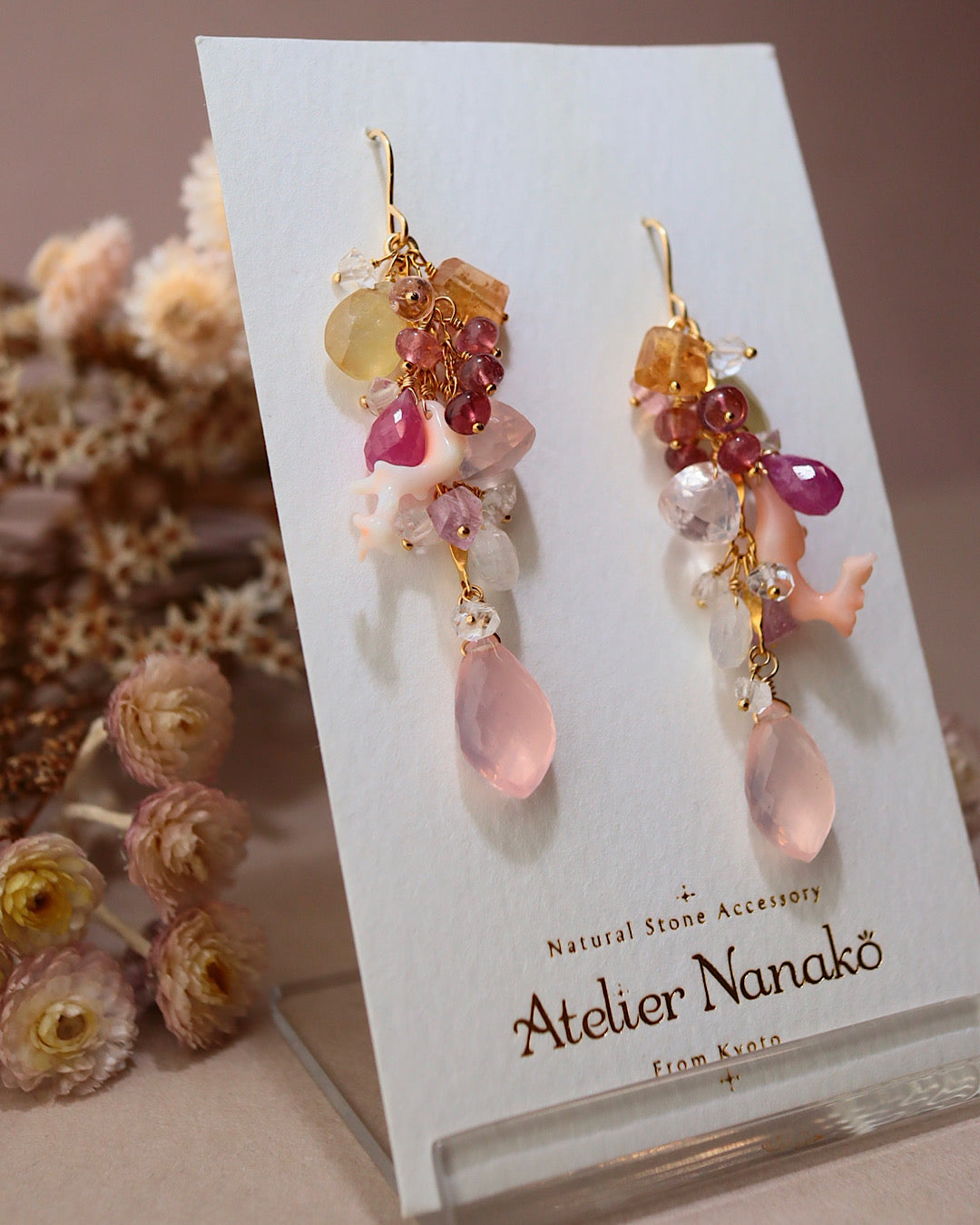 Coral and pink stone long earrings