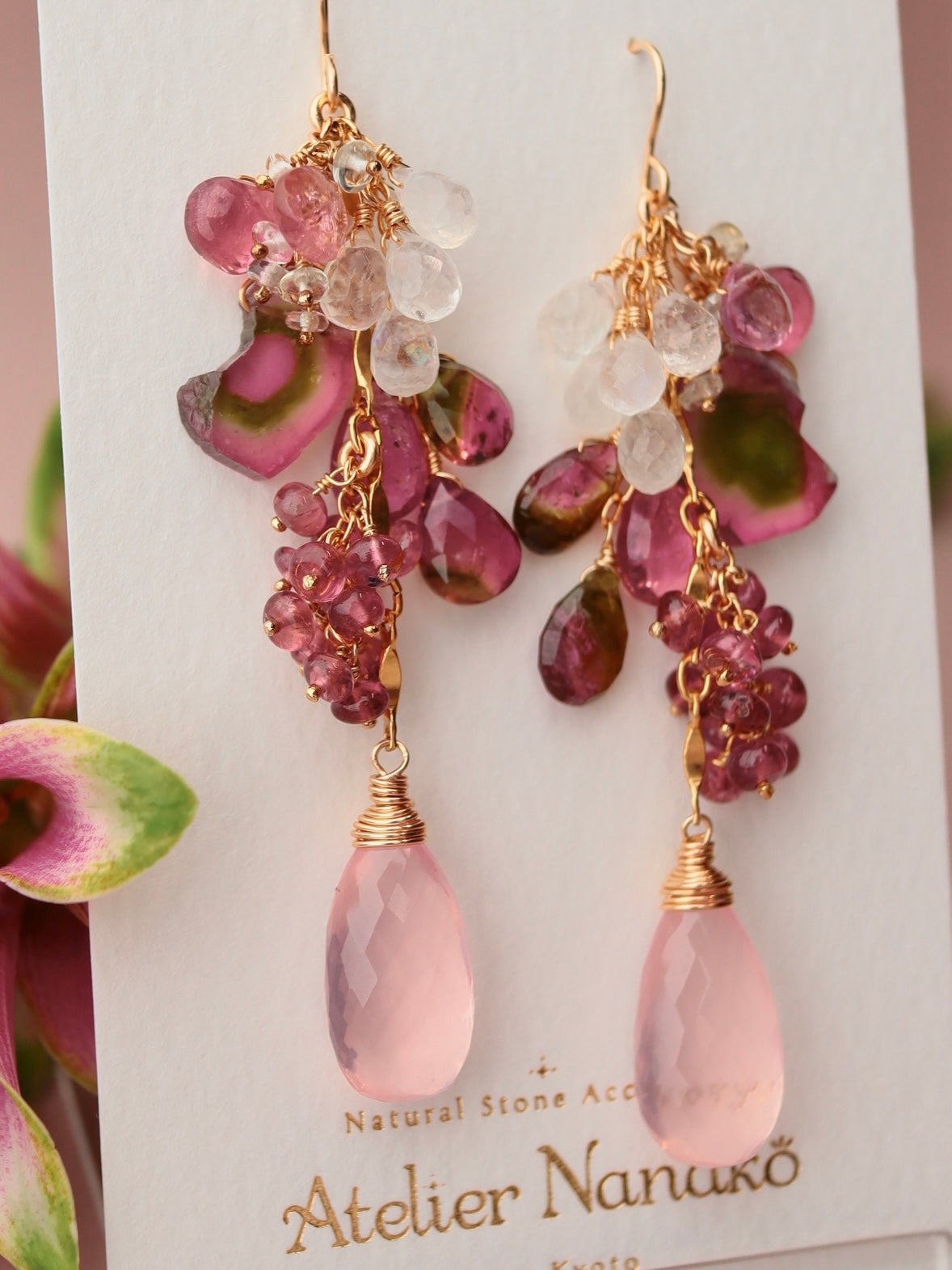 [One of a kind] Watermelon tourmaline and pink stone earrings