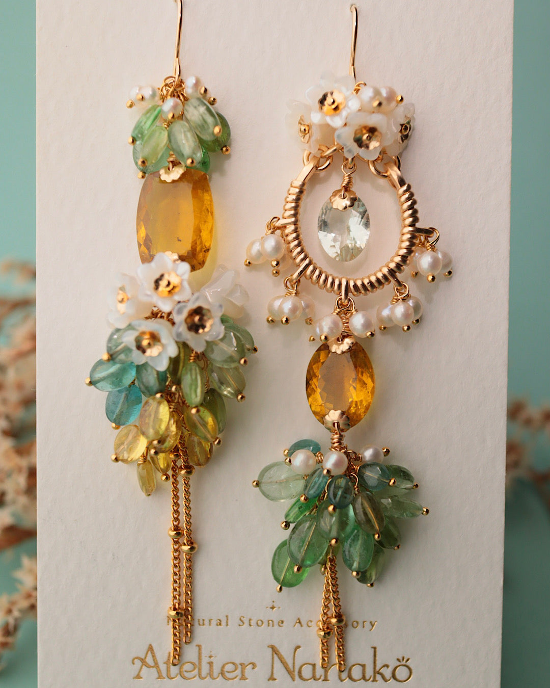[One-of-a-kind] Asymmetrical yellow tourmaline earrings