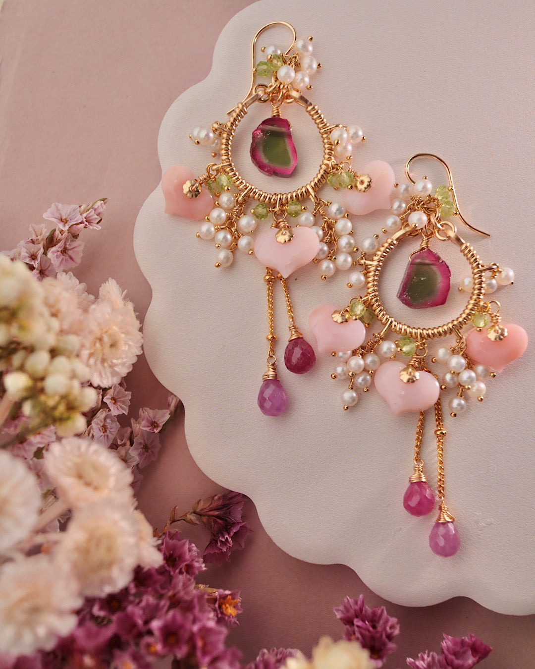 Watermelon Tourmaline and Heart-Shaped Pink Opal Earrings [One-of-a-kind]