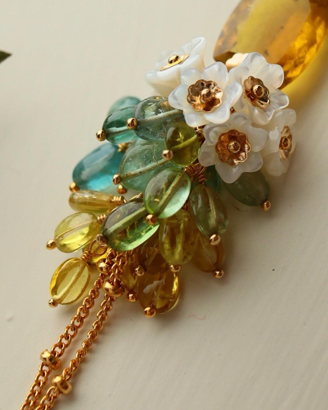Yellow Tourmaline Rectangle Necklace with Multi-Color Tourmaline and Pearl Flower