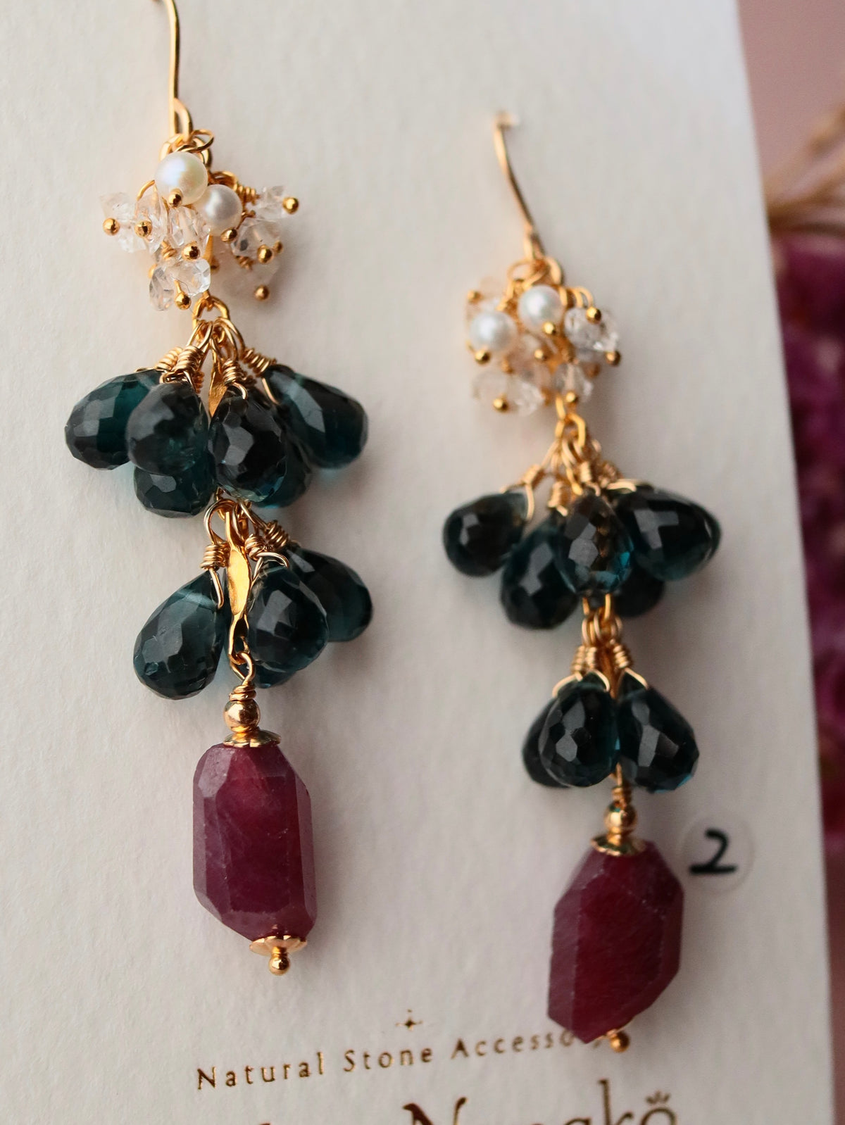 [Stories in Red] Ruby and London Blue Topaz Long Earrings②