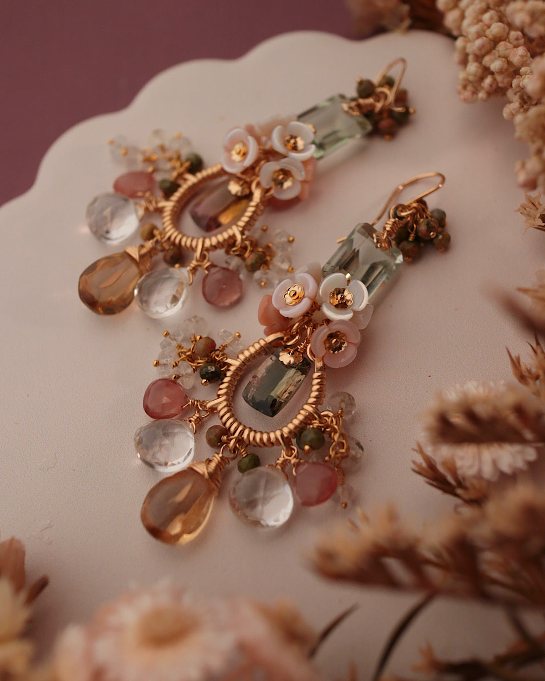 [One-of-a-kind] Bicolor Tourmaline and Champagne Quartz Chandelier Earrings