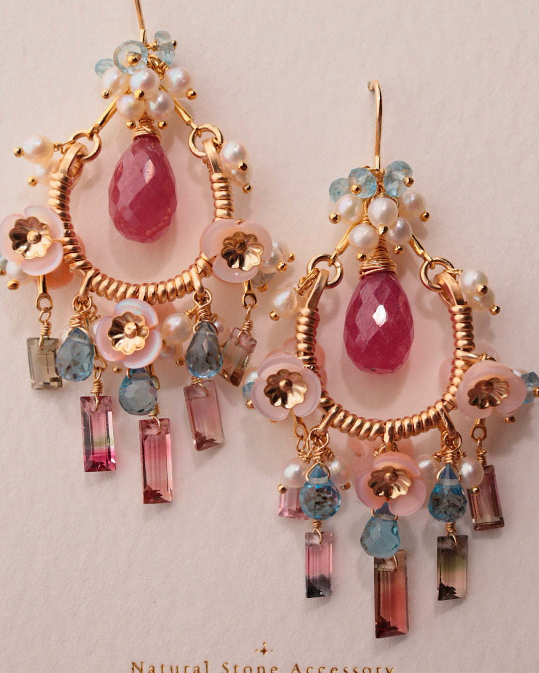 Pink sapphire and bicolor tourmaline chandelier earrings