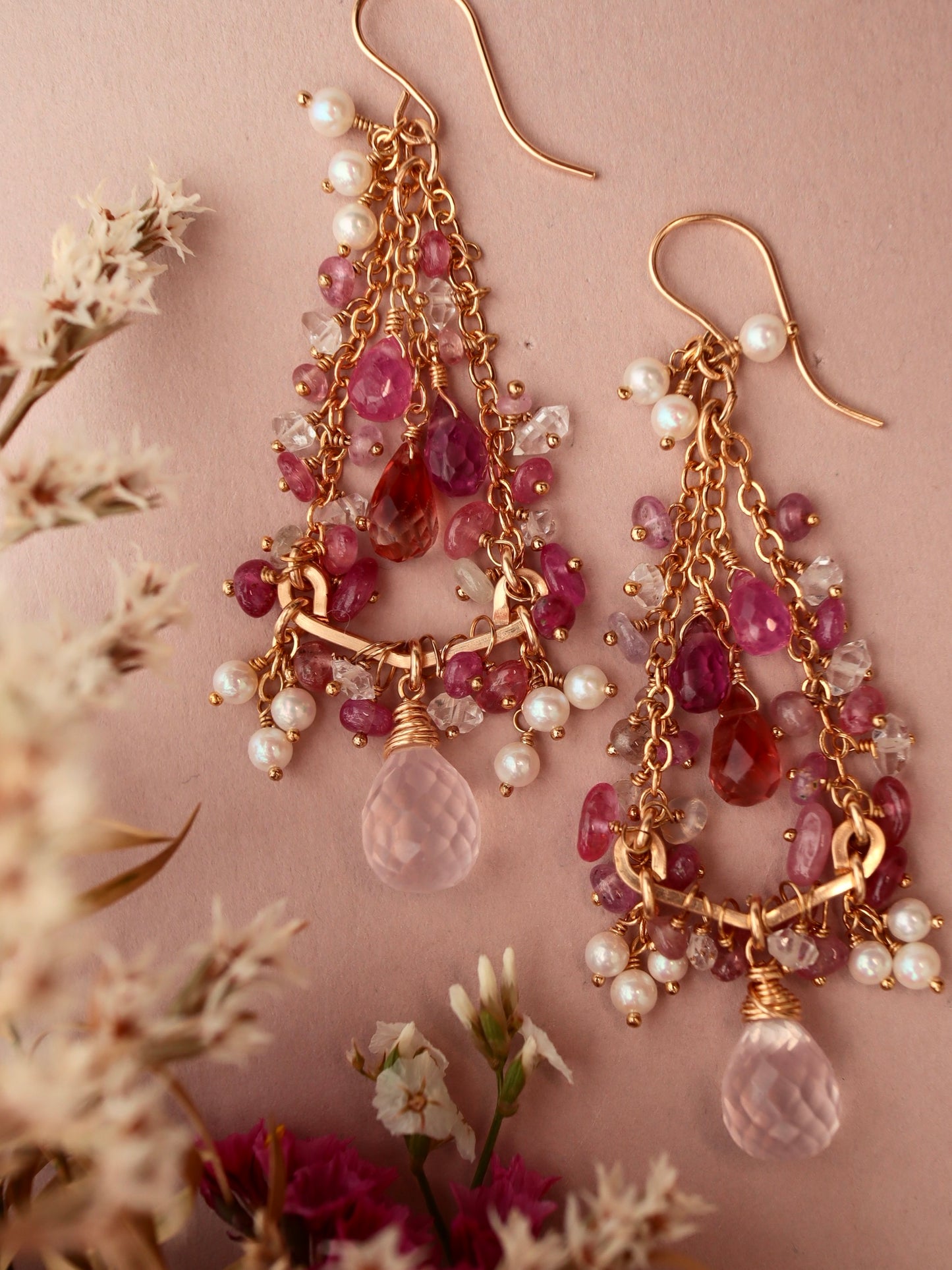 Strawberry colored chandelier earrings