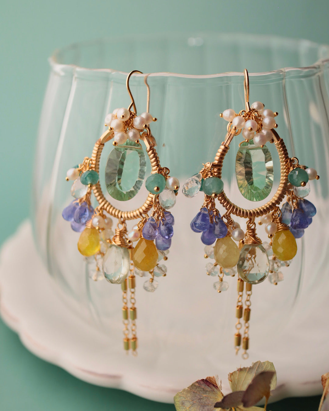 [One-of-a-kind] Fluorite Tassel Chandelier Earrings (Pierced/Clip-on)