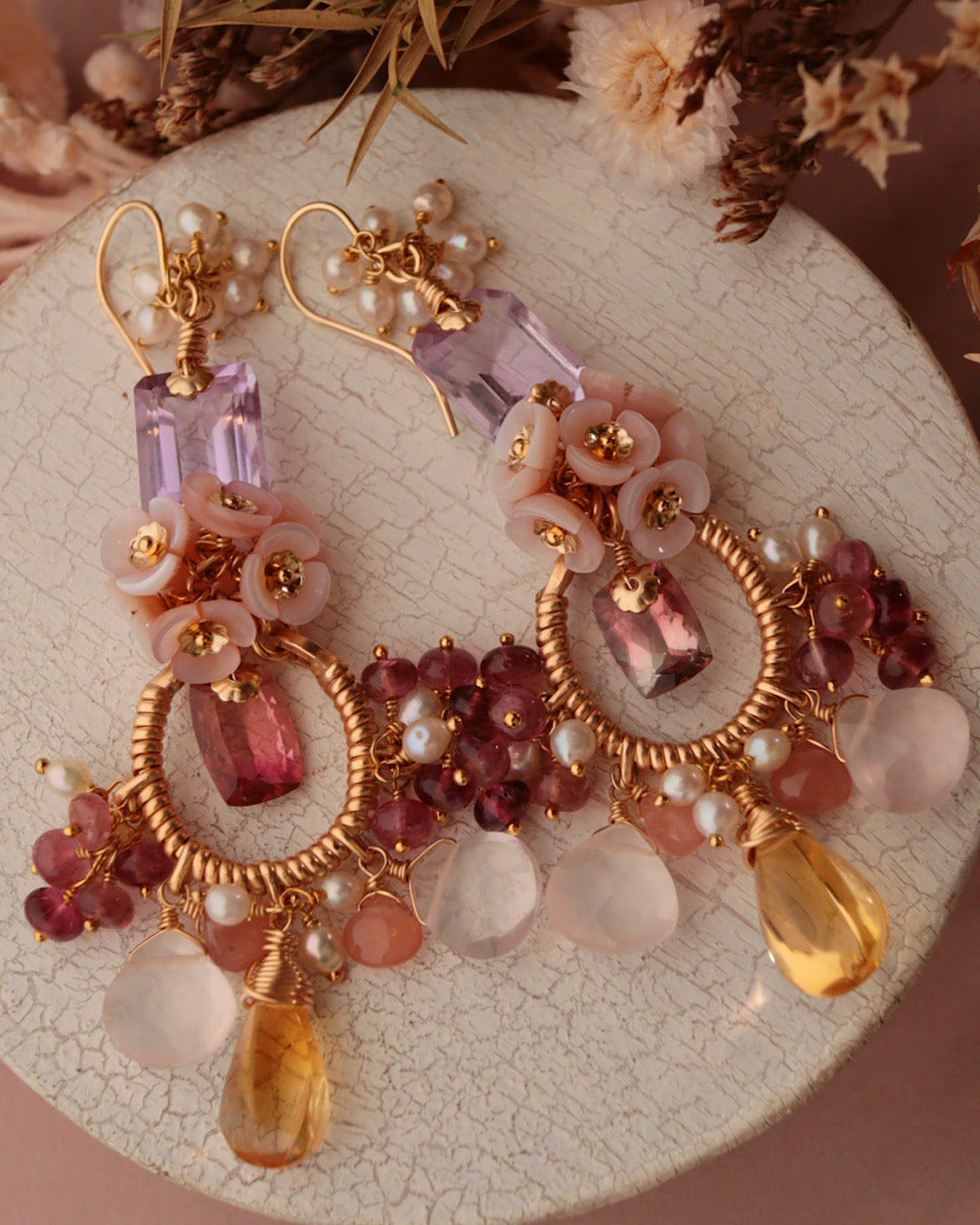 [One-of-a-kind] Bicolor Tourmaline and Citrine Chandelier Earrings