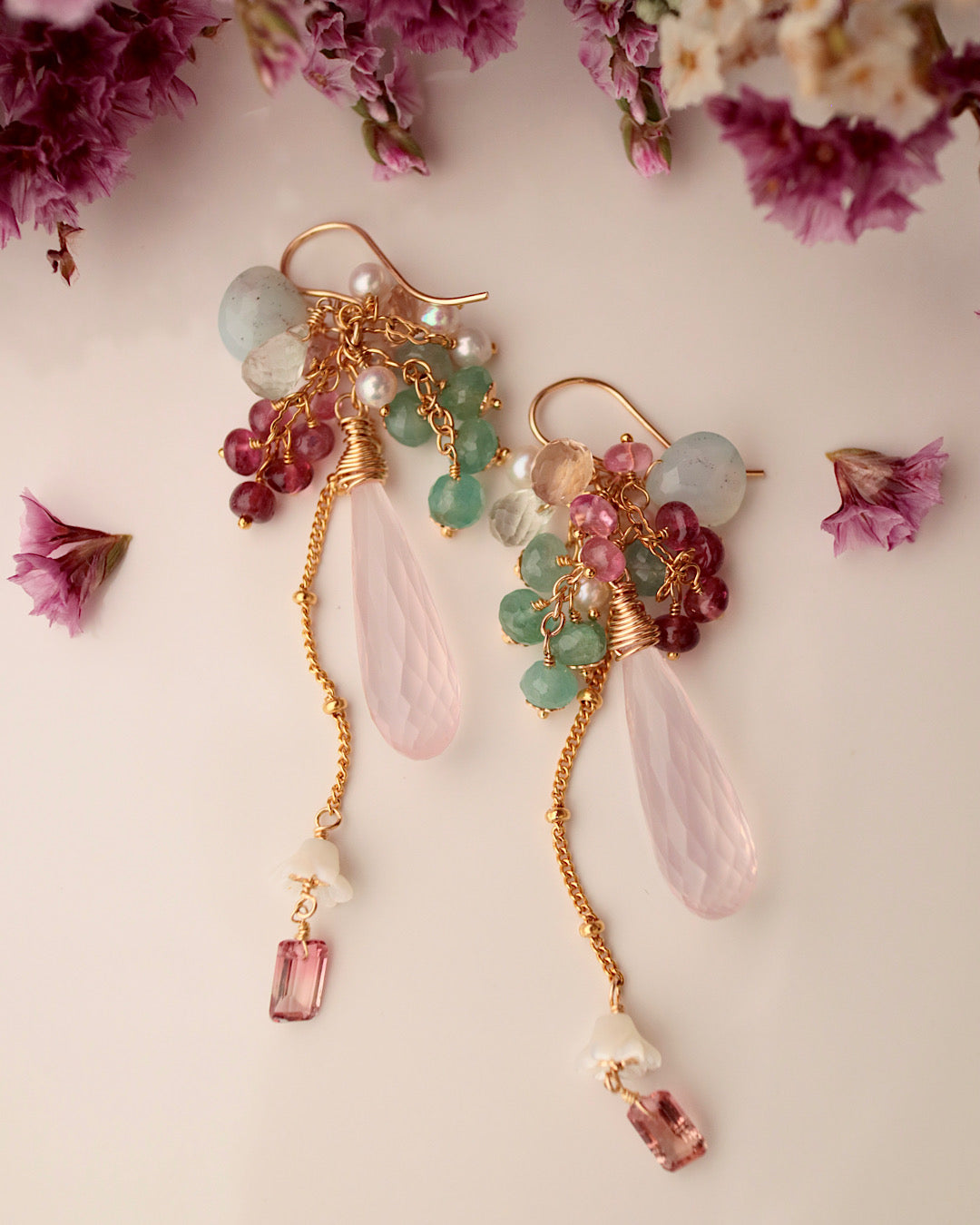 [One-of-a-kind] Pink tourmaline and rose quartz earrings