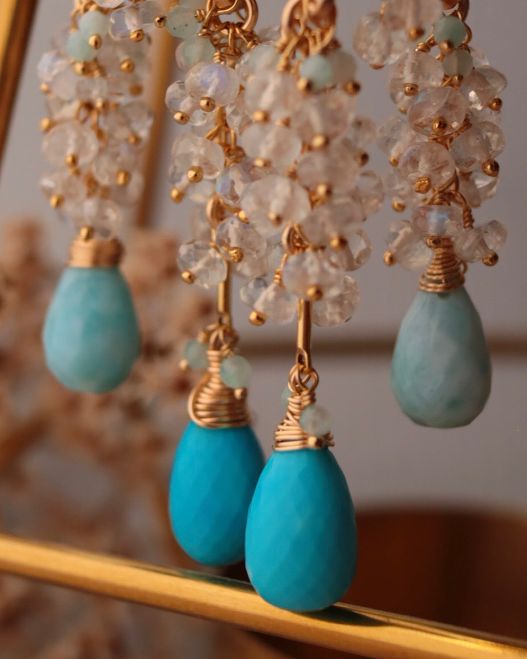 [One-of-a-kind] Turquoise and Larimar Long Drop Earrings