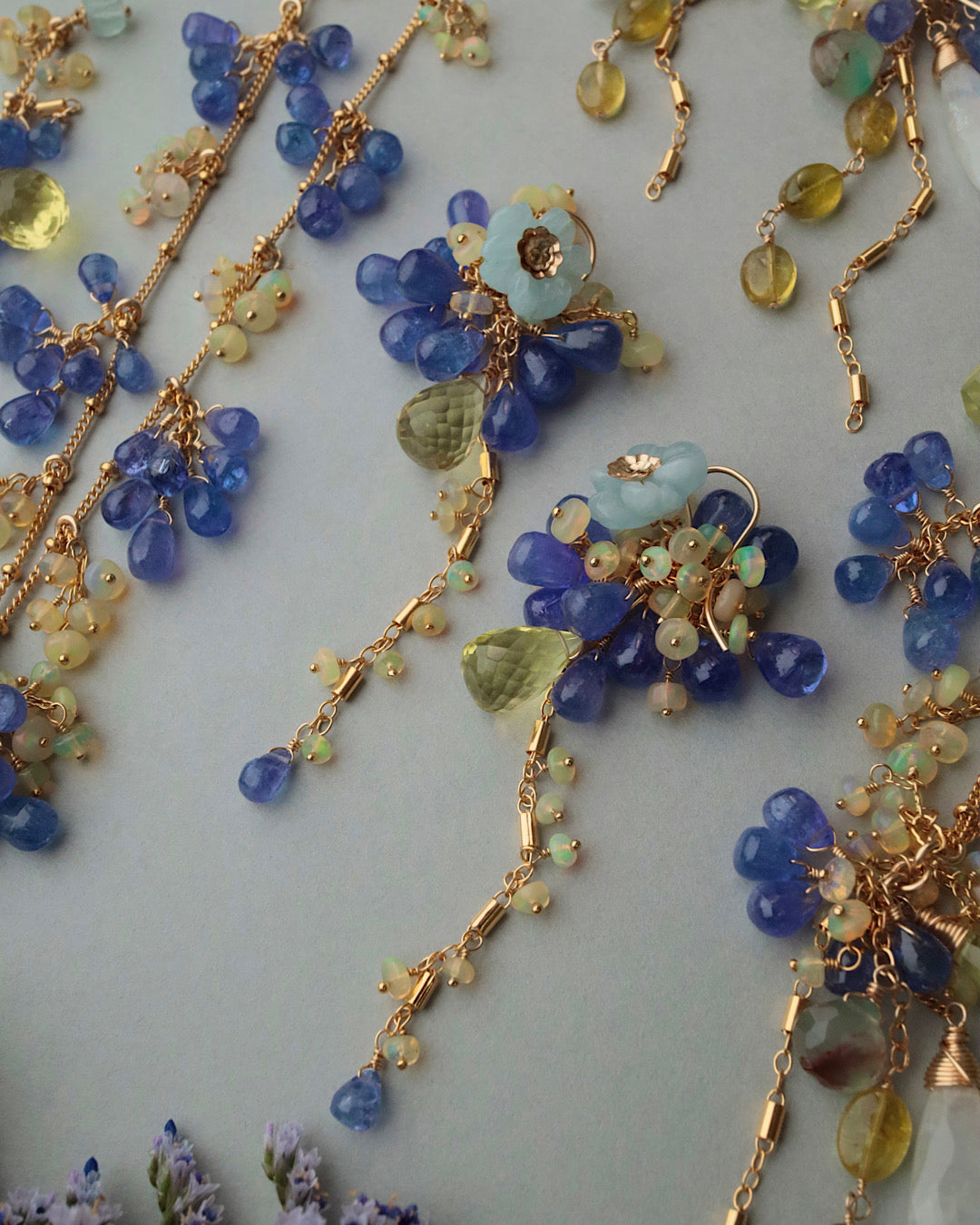 【Aqua Bloom】Aquamarine flower and tanzanite earrings