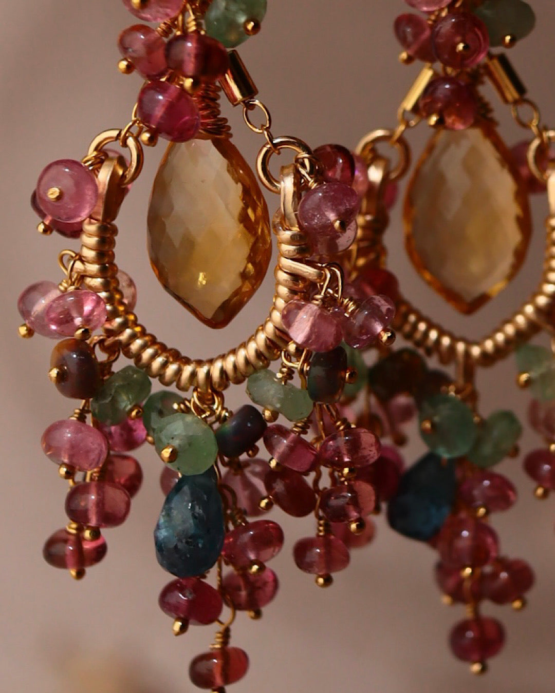 [Plants and flowers waiting for spring] Citrine and pink tourmaline chandelier earrings