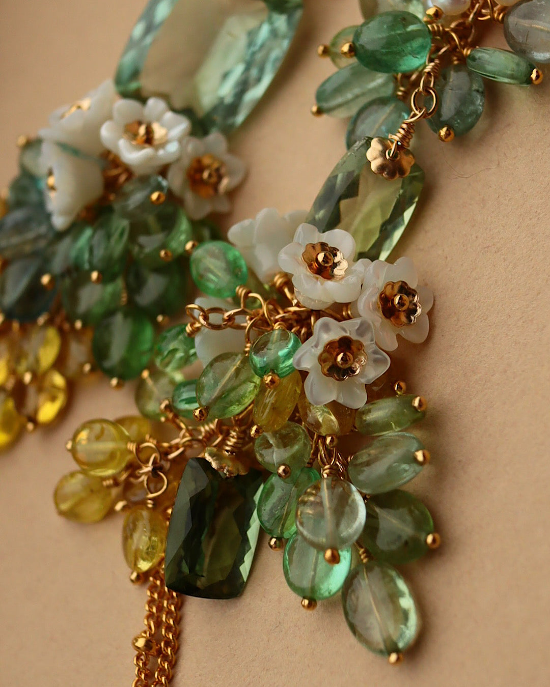 Green Tourmaline Asymmetrical Chandelier Earrings with Multi-Color Tourmaline and Pearl Flower
