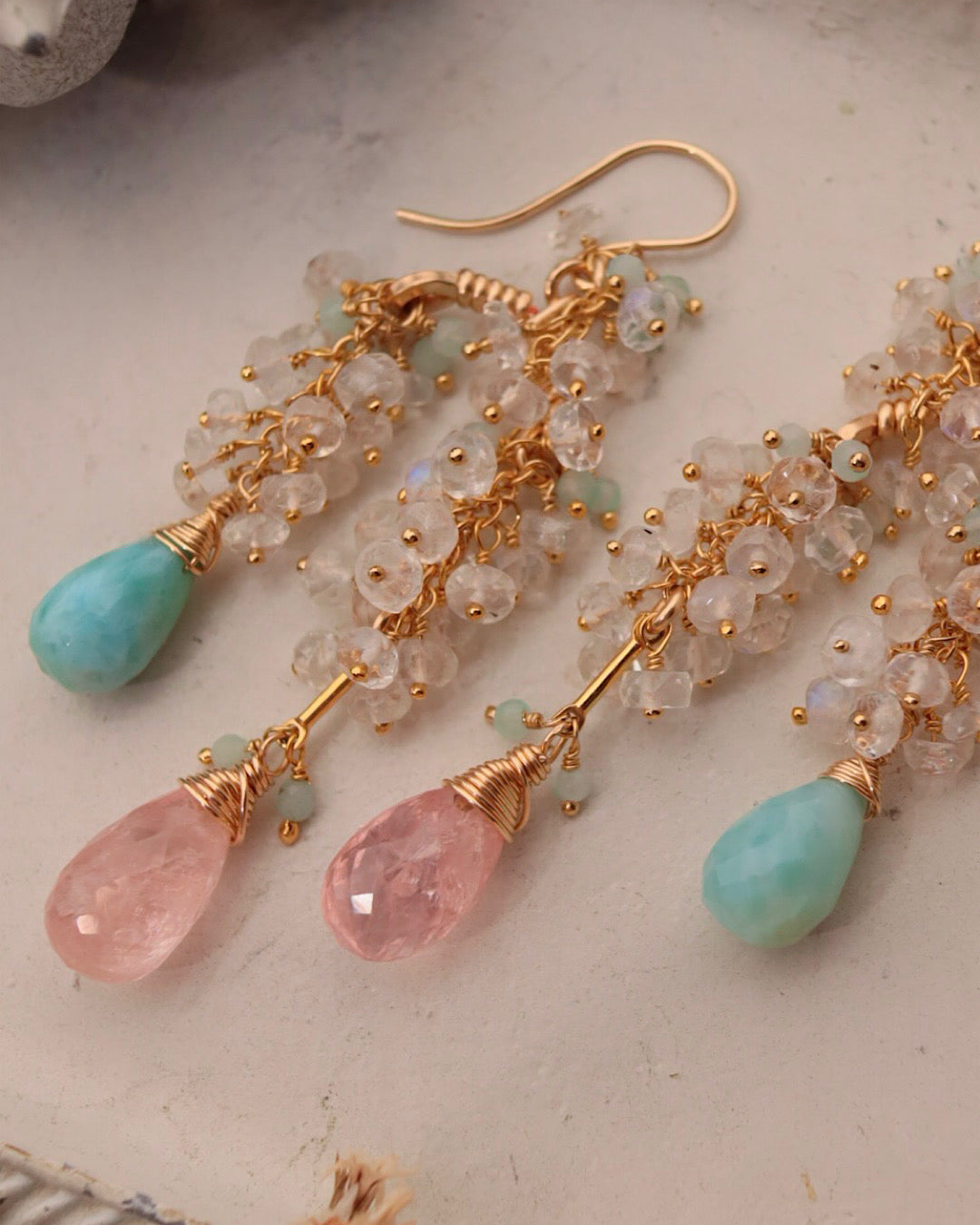 [One-of-a-kind] Morganite and Larimar Long Drop Earrings