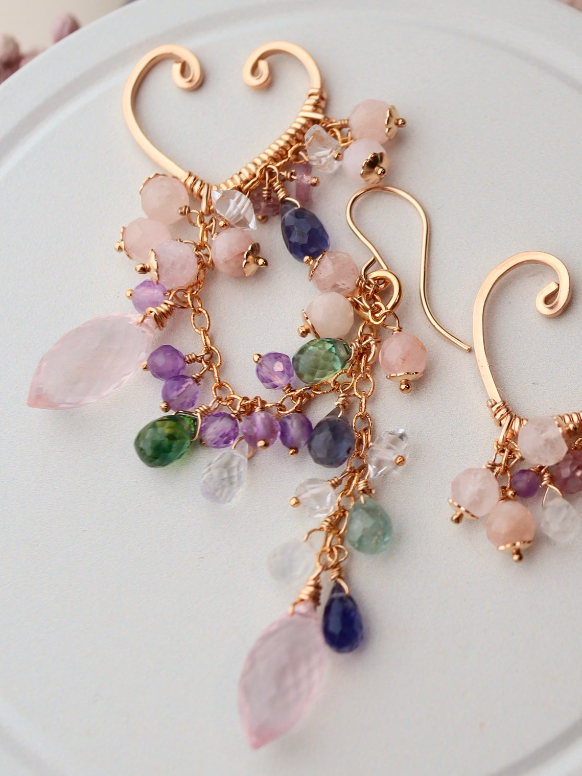 【Pre-order sale】[3WAY ear cuff] Rose quartz and morganite ear cuff (pierce/earring integrated)
