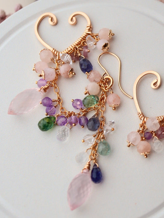 【Pre-order sale】[3WAY ear cuff] Rose quartz and morganite ear cuff (pierce/earring integrated)