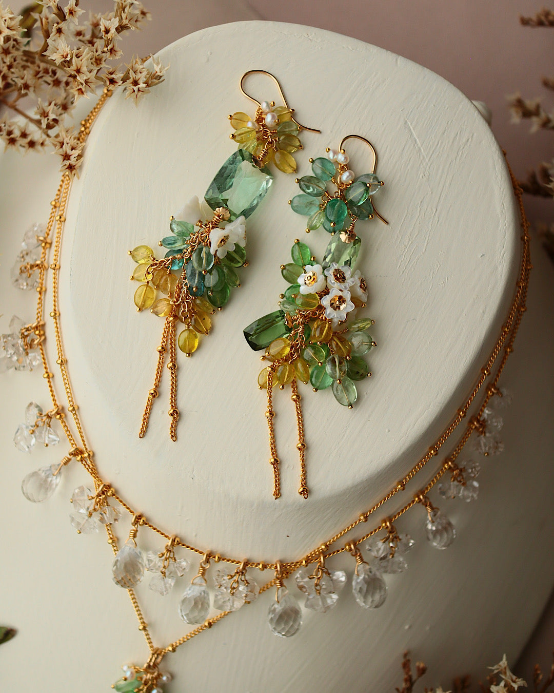 Green Tourmaline Asymmetrical Chandelier Earrings with Multi-Color Tourmaline and Pearl Flower