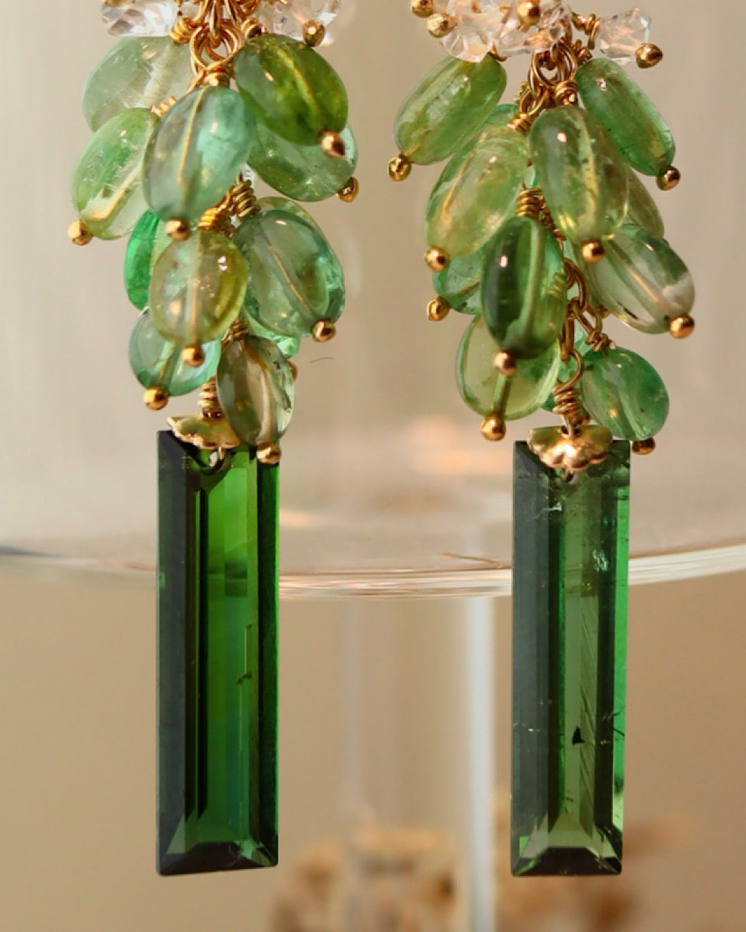 Square Yellow Tourmaline and Green Tourmaline Chandelier Earrings with Pearl