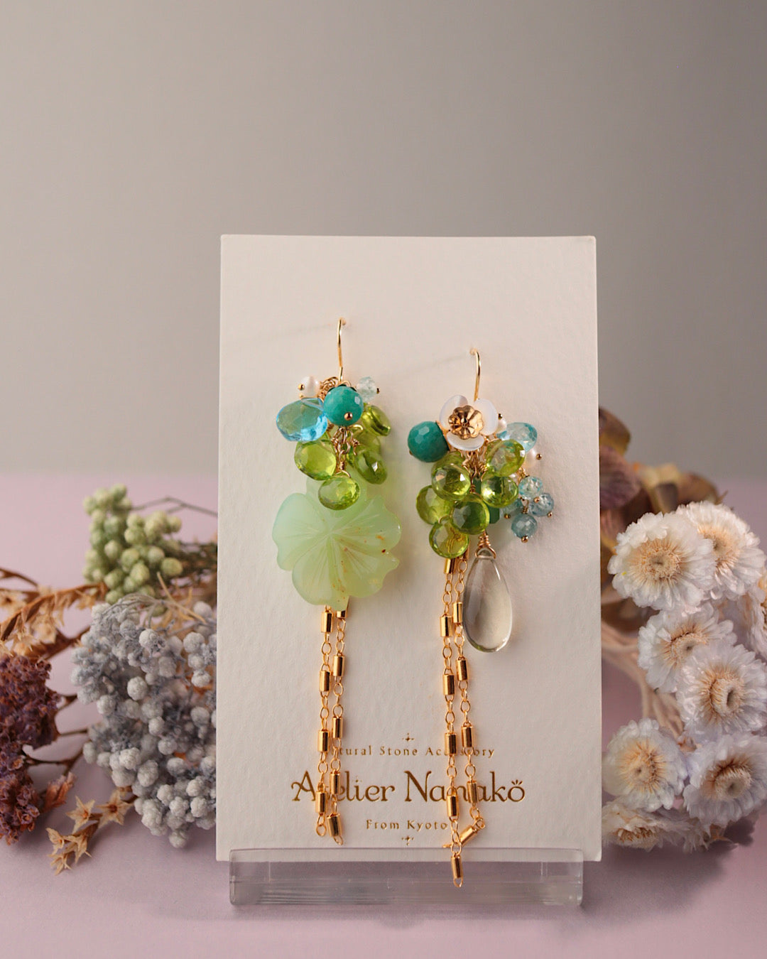 Blue Opal Flower and Peridot Asymmetric Earrings [One-of-a-kind]