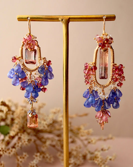 [One-of-a-kind] Bicolor Tourmaline and Tanzanite Chandelier Earrings